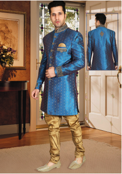 Peacock blue shinny Color Designer New Indo Western Sherwani